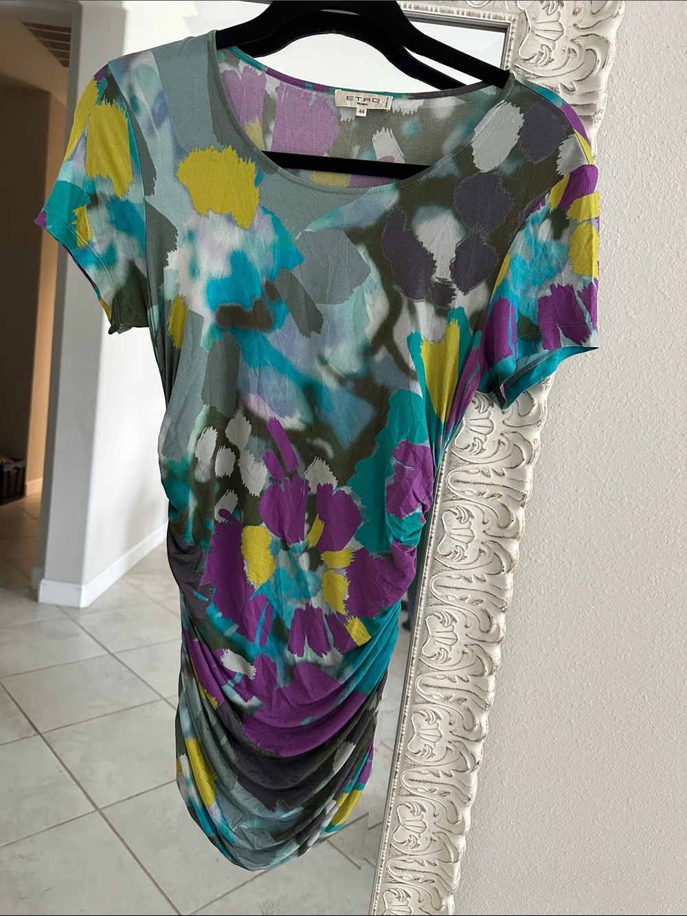 Etro Multi-Color Floral Short-Sleeve Ruched Dress Size 44